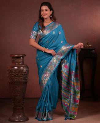 turquoise blue floral, zari work slik blend saree with blouse 3