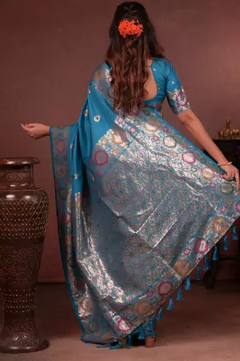 turquoise blue floral, zari work slik blend saree with blouse