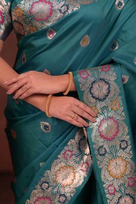 teal green floral, zari work slik blend saree with blouse 5