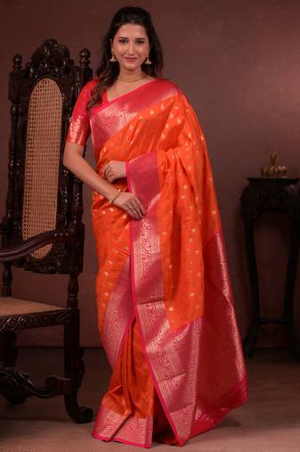 orange floral, zari work silk blend saree with blouse