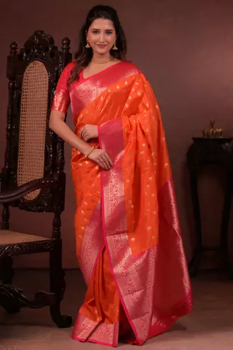 orange floral, zari work silk blend saree with blouse