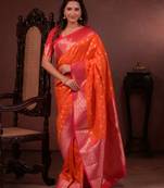 orange floral, zari work silk blend saree with blouse