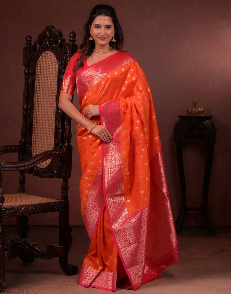 orange floral, zari work silk blend saree with blouse