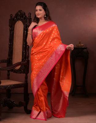 orange floral, zari work silk blend saree with blouse 3