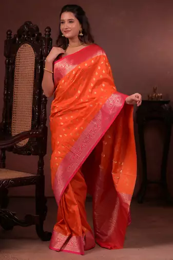 orange floral, zari work silk blend saree with blouse