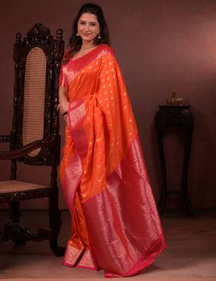 orange floral, zari work silk blend saree with blouse 4