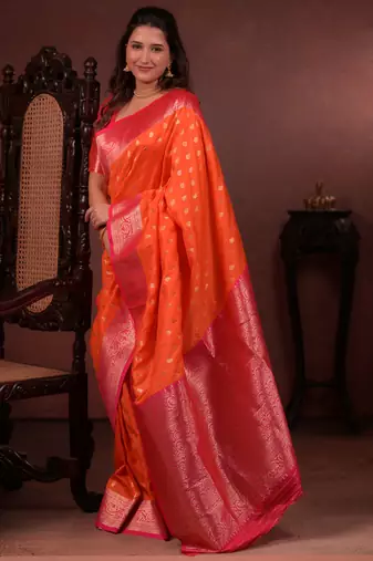 orange floral, zari work silk blend saree with blouse
