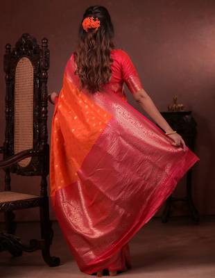 orange floral, zari work silk blend saree with blouse 5