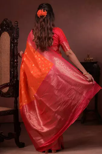orange floral, zari work silk blend saree with blouse