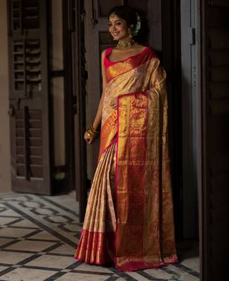 gold floral, zari work faux kanjivaram semi silk saree with blouse 2