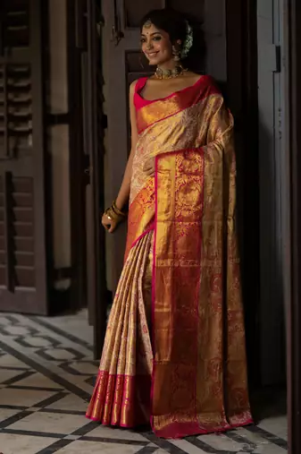 gold floral, zari work faux kanjivaram semi silk saree with blouse