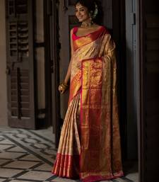gold floral, zari work faux kanjivaram semi silk saree with blouse