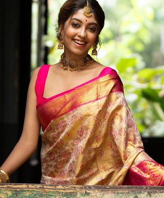 gold floral, zari work faux kanjivaram semi silk saree with blouse 4
