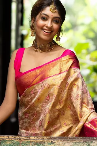 gold floral, zari work faux kanjivaram semi silk saree with blouse