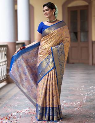 Peach floral zari work silk blend saree with blouse 4