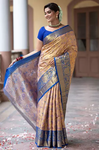 Peach floral, zari work kanjivaram semi silk saree with blouse