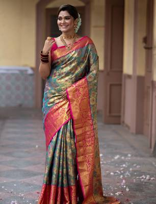 teal green floral, zari work faux kanjivaram semi silk saree with blouse 2
