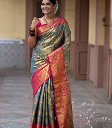 teal green floral, zari work faux kanjivaram semi silk saree with blouse