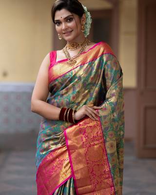 teal green floral, zari work faux kanjivaram semi silk saree with blouse 3
