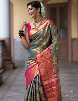 teal green floral, zari work faux kanjivaram semi silk saree with blouse 4