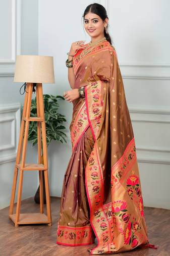brown floral, zari woven slik blend saree with blouse