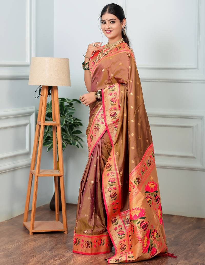 brown floral, zari woven slik blend saree with blouse