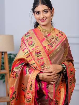 brown floral, zari woven slik blend saree with blouse 2