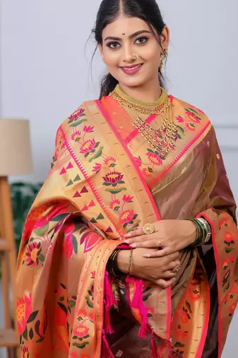 brown floral, zari woven slik blend saree with blouse