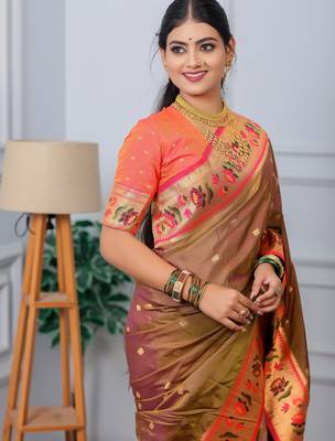 brown floral, zari woven slik blend saree with blouse 3
