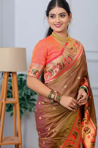 brown floral, zari woven slik blend saree with blouse