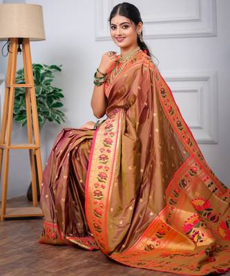 brown floral, zari woven slik blend saree with blouse 4