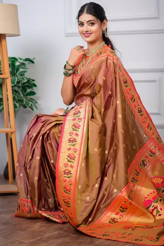 brown floral, zari woven slik blend saree with blouse