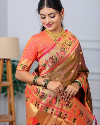 brown floral, zari woven slik blend saree with blouse 5