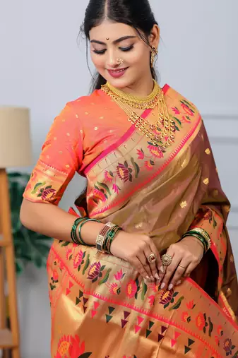 brown floral, zari woven slik blend saree with blouse