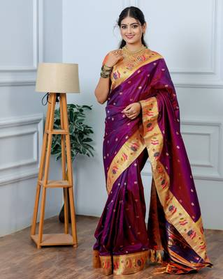 magenta floral, zari woven slik blend saree with blouse 1