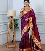magenta floral, zari woven slik blend saree with blouse