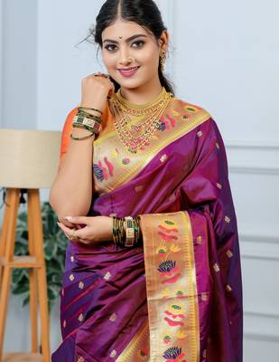 magenta floral, zari woven slik blend saree with blouse 2