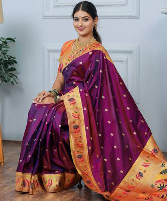 magenta floral, zari woven slik blend saree with blouse 3