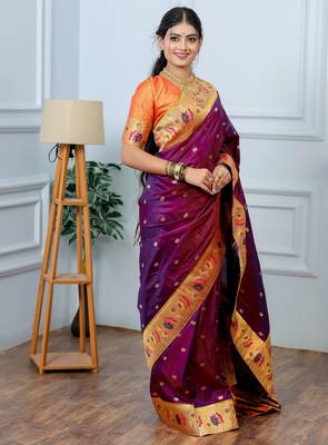 magenta floral, zari woven slik blend saree with blouse 4