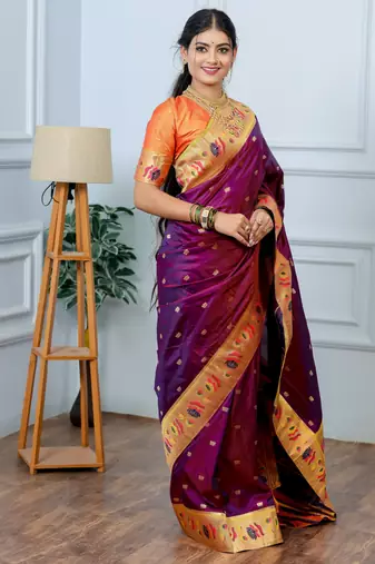 magenta floral, zari woven slik blend saree with blouse
