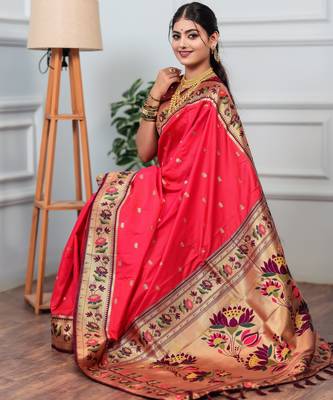 pink floral, zari woven slik blend saree with blouse 3