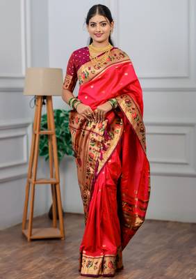 pink floral, zari woven slik blend saree with blouse 4