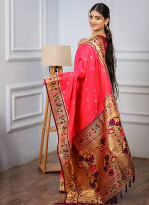 pink floral, zari woven slik blend saree with blouse 5