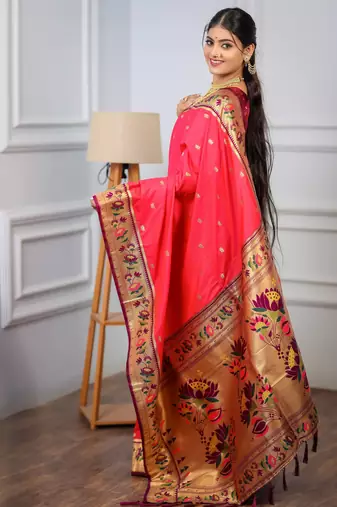 pink floral, zari woven slik blend saree with blouse
