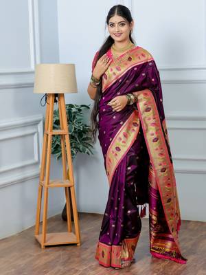 purple floral, zari woven slik blend saree with blouse 1