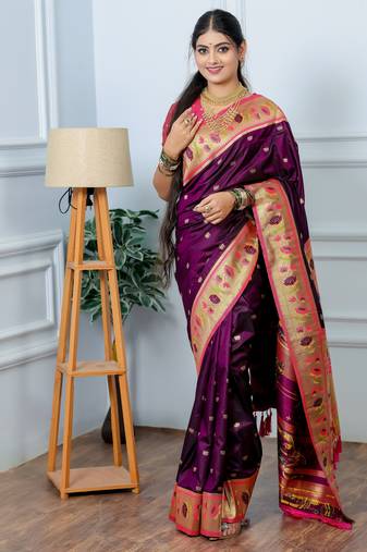 purple floral, zari woven slik blend saree with blouse