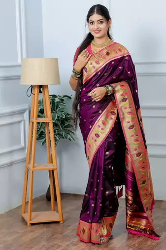 purple floral, zari woven slik blend saree with blouse