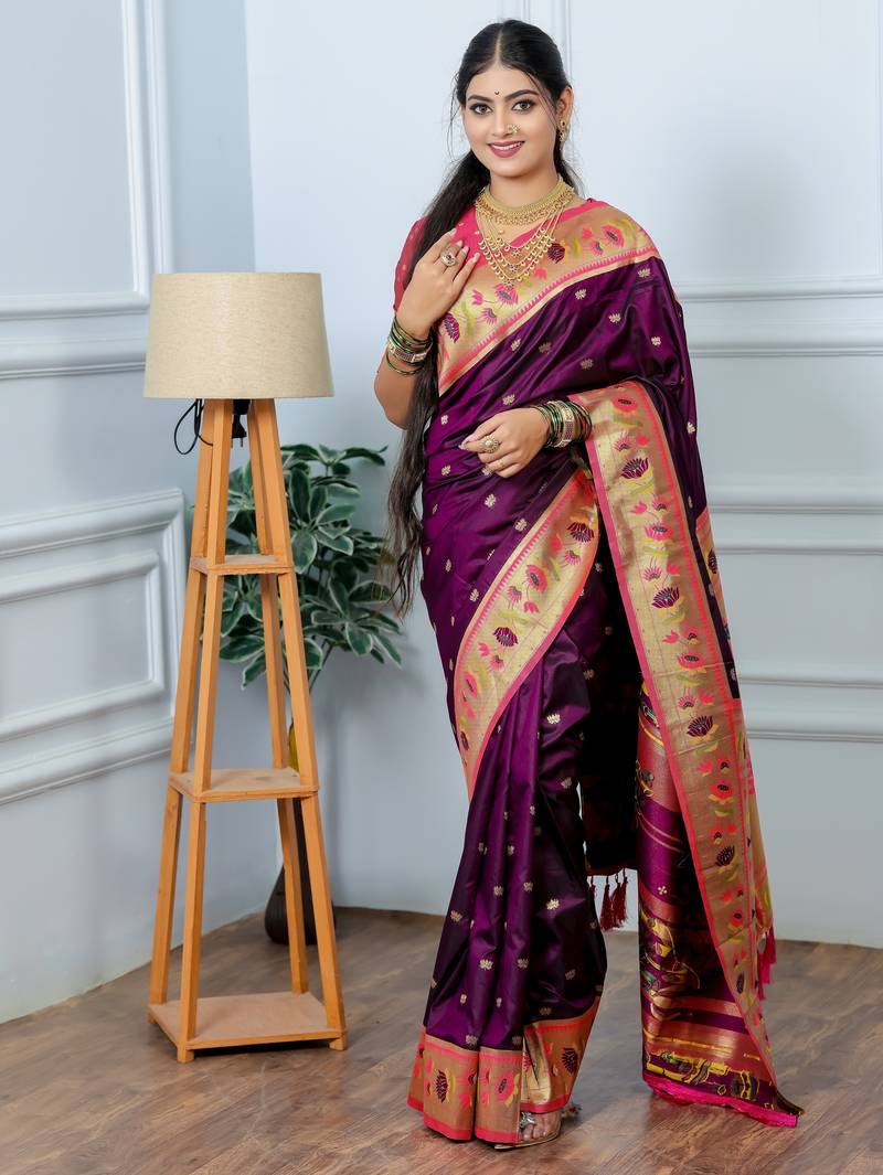 purple floral, zari woven slik blend saree with blouse