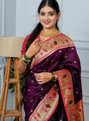 purple floral, zari woven slik blend saree with blouse 2