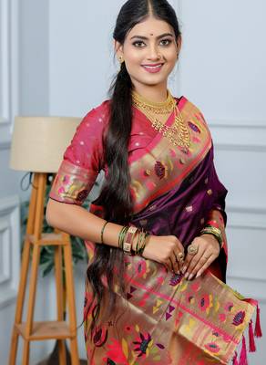 purple floral, zari woven slik blend saree with blouse 3